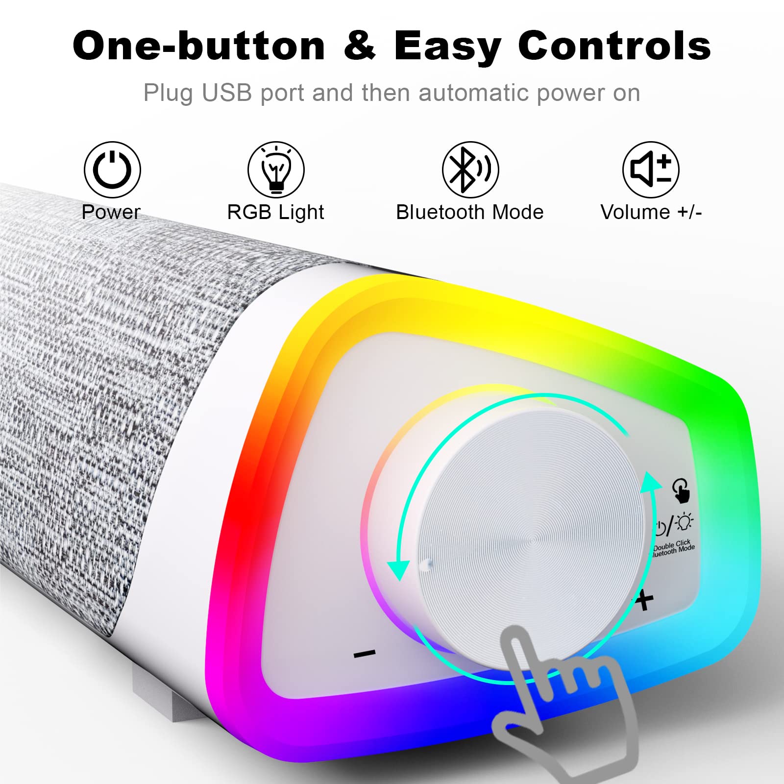 SOULION R30 Plus Bluetooth Computer Speakers, All-in-One Control Button with 6 Modes LED Lights PC Speaker, Wired USB Powered Surround Soundbar for Desktop Monitor Laptop White