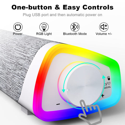 SOULION R30 Plus Bluetooth Computer Speakers, All-in-One Control Button with 6 Modes LED Lights PC Speaker, Wired USB Powered Surround Soundbar for Desktop Monitor Laptop White