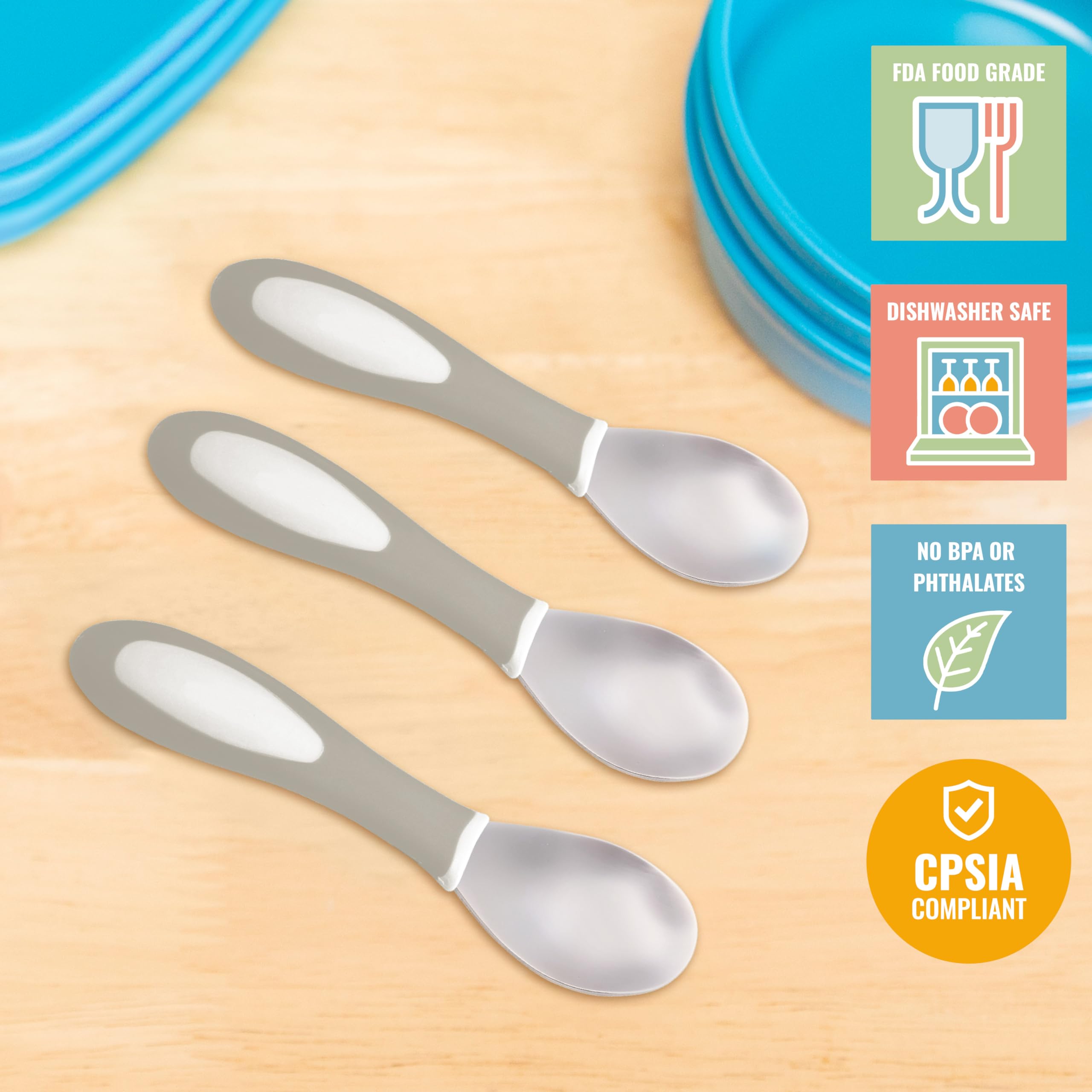 ECR4Kids My First Meal Pal Stainless Steel Spoons, Toddler Silverware, White, Light Grey, 3-Pack