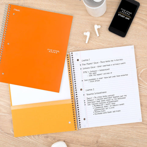 Five Star Spiral Notebook + Study App, 2 Subject, College Ruled, 8-1/2" x 11", 120 Sheets, Fights Ink Bleed, Purple, Orange, Green, Blue, Gray, Black, Color Will Vary, 1 Count (824230)