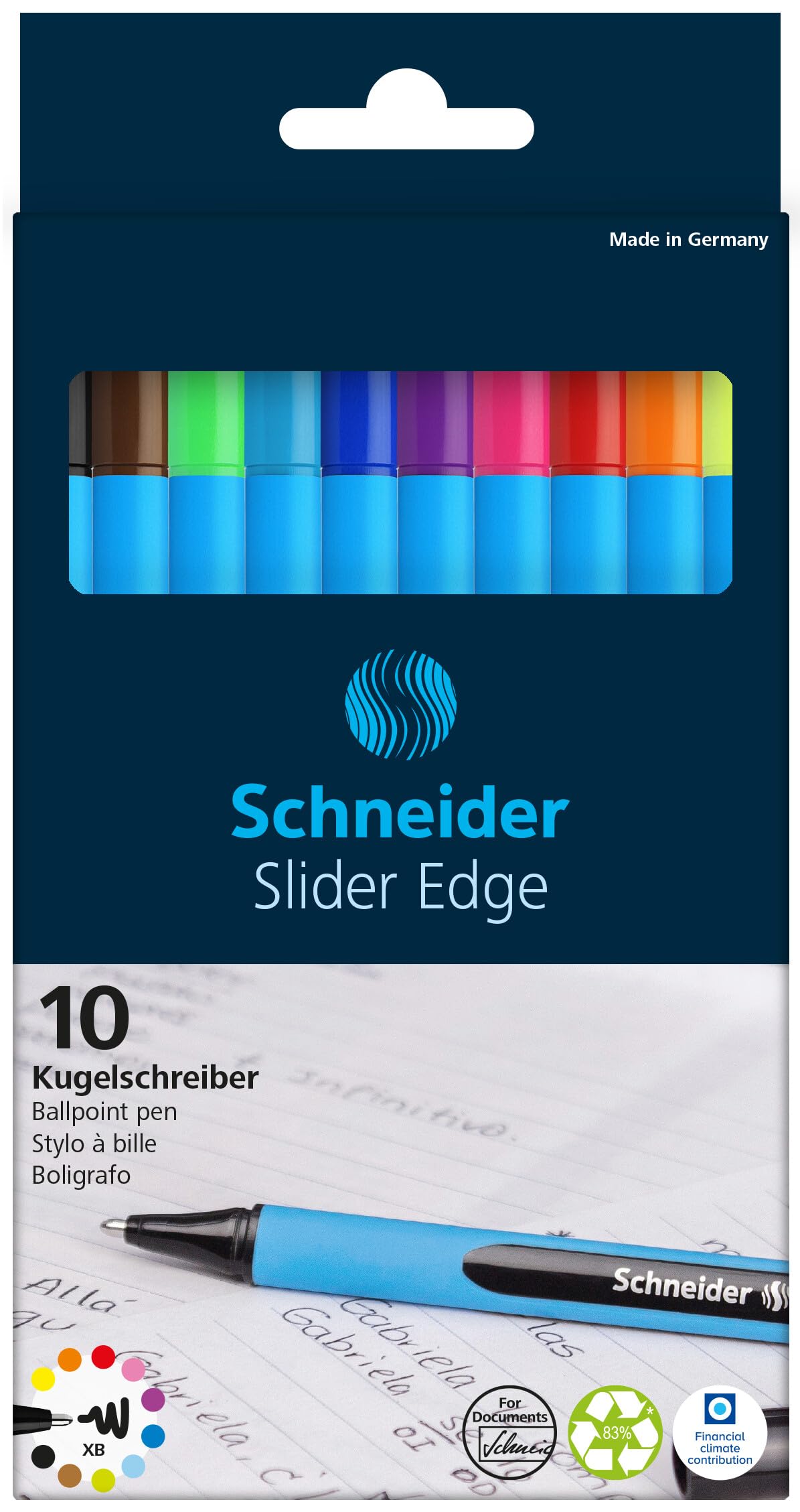Schneider Slider Edge XB (Extra Broad) Ballpoint Pen, 1.4 mm, Light Blue Barrel, Assorted Ink Colors, Pack of 10 Pens (152290)