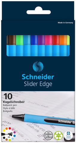 Schneider Slider Edge XB (Extra Broad) Ballpoint Pen, 1.4 mm, Light Blue Barrel, Assorted Ink Colors, Pack of 10 Pens (152290)