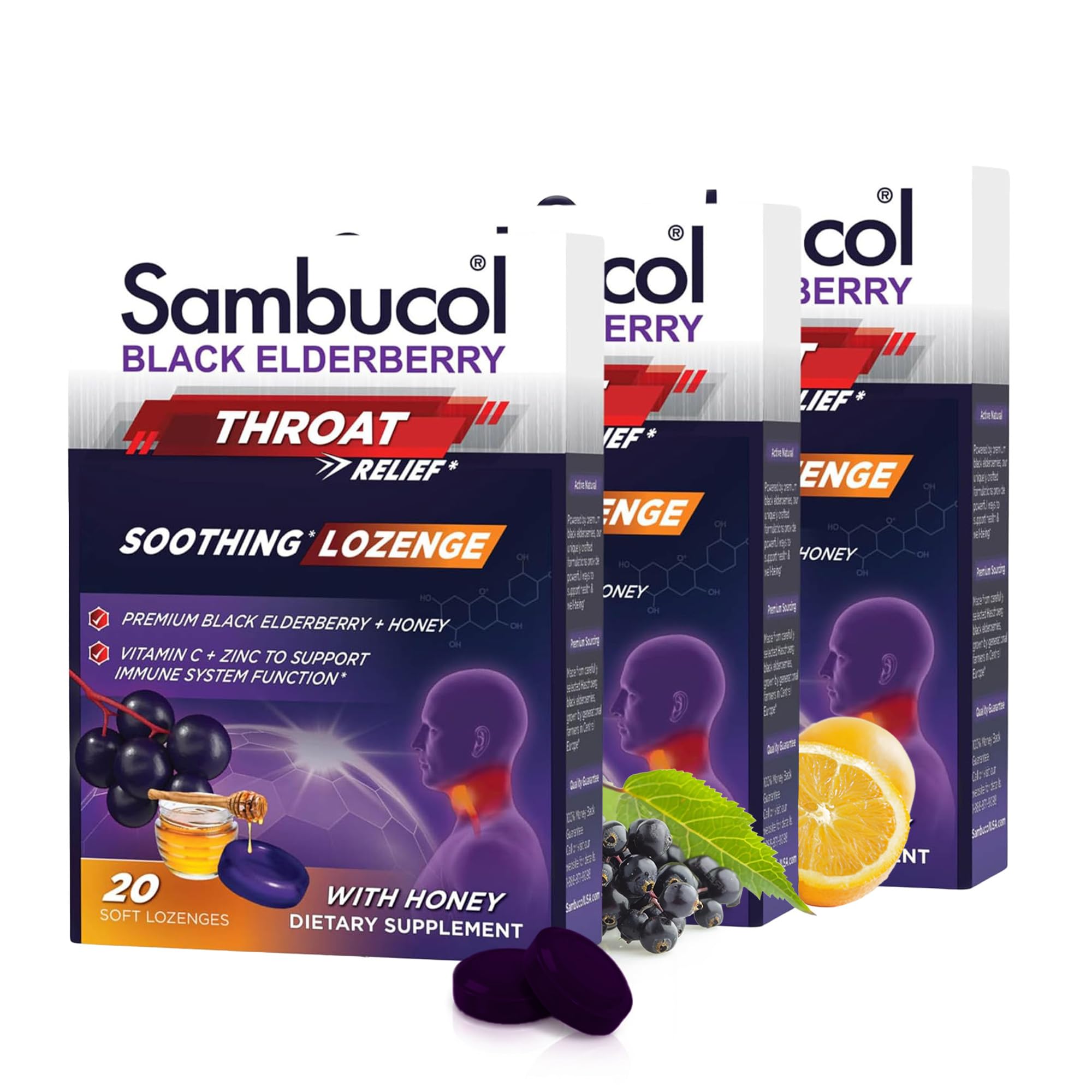 Sambucol Black Elderberry Throat Lozenge - Sore Throat Drops with Honey, Vitamin C & Zinc, Sore Throat Relief for Adults & Kids, Soothes Cough, Soft & Chewy - 60 Count, Pack of 3