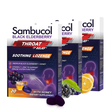 Sambucol Black Elderberry Throat Lozenge - Sore Throat Drops with Honey, Vitamin C & Zinc, Sore Throat Relief for Adults & Kids, Soothes Cough, Soft & Chewy - 60 Count, Pack of 3