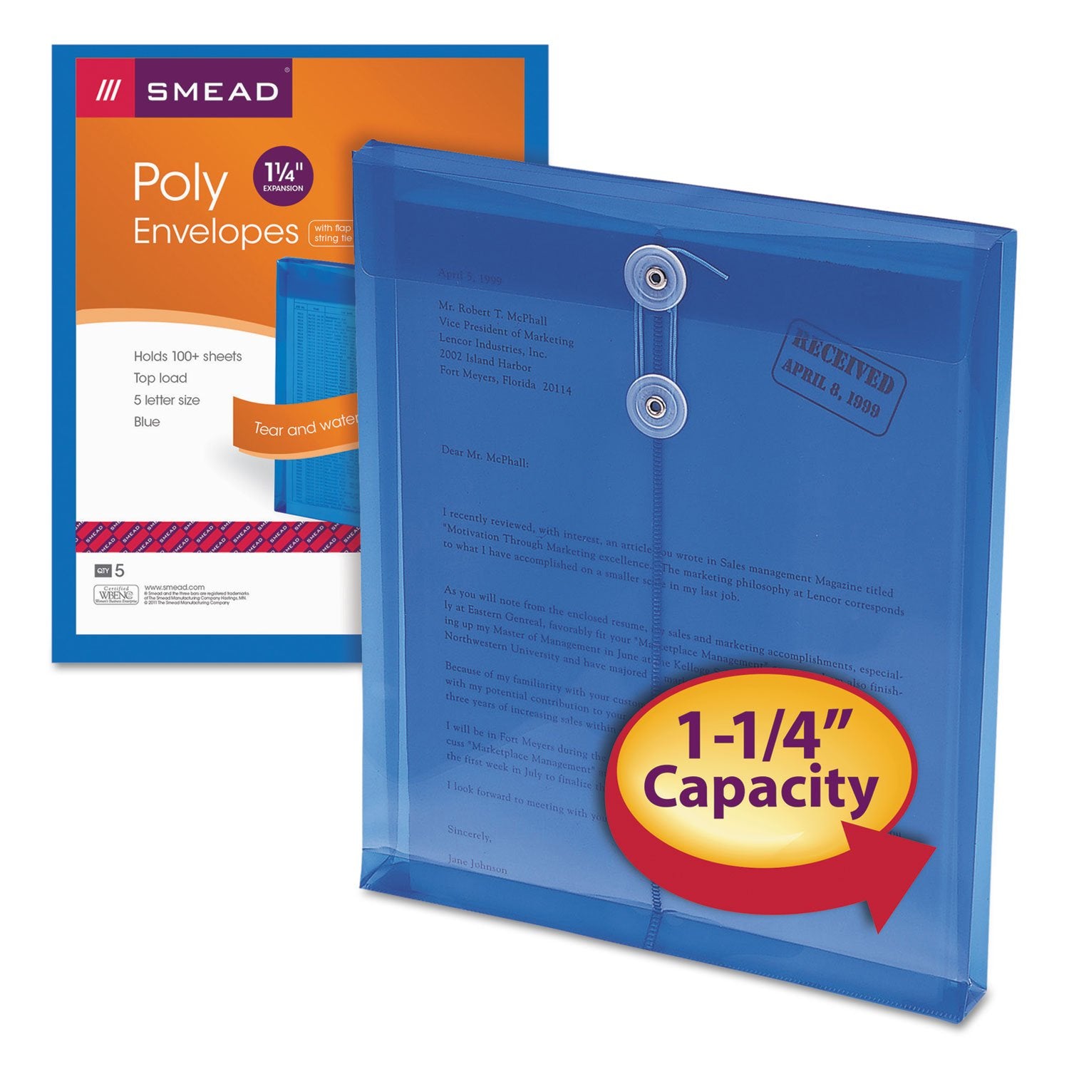 Smead Poly Envelope, 1-1/4" Expansion, String-Tie Closure, Top Load, Letter Size, Blue, 5 per Pack (89542)