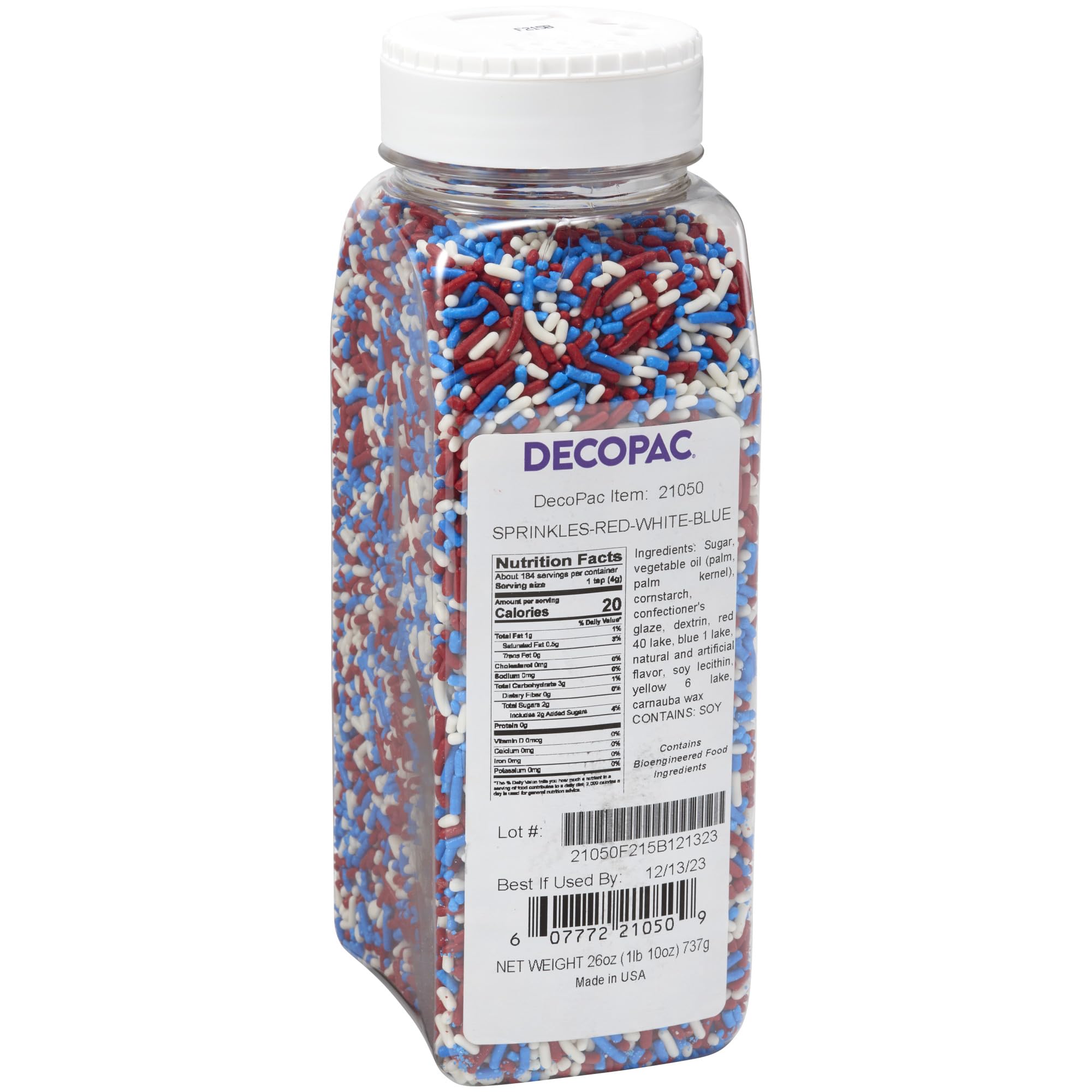 DecoPac Red, White, & Blue Sprinkles | Extra Large 26oz Pack | Cake Sprinkle Mix, Fancy Sprinkles For Cake Decorating, Handheld Container, Candy Sprinkles, Cake Sprinkles - Red, White, & Blue