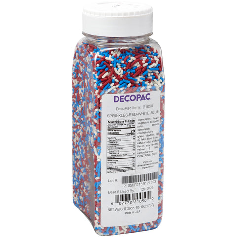 DecoPac Red, White, & Blue Sprinkles | Extra Large 26oz Pack | Cake Sprinkle Mix, Fancy Sprinkles For Cake Decorating, Handheld Container, Candy Sprinkles, Cake Sprinkles - Red, White, & Blue