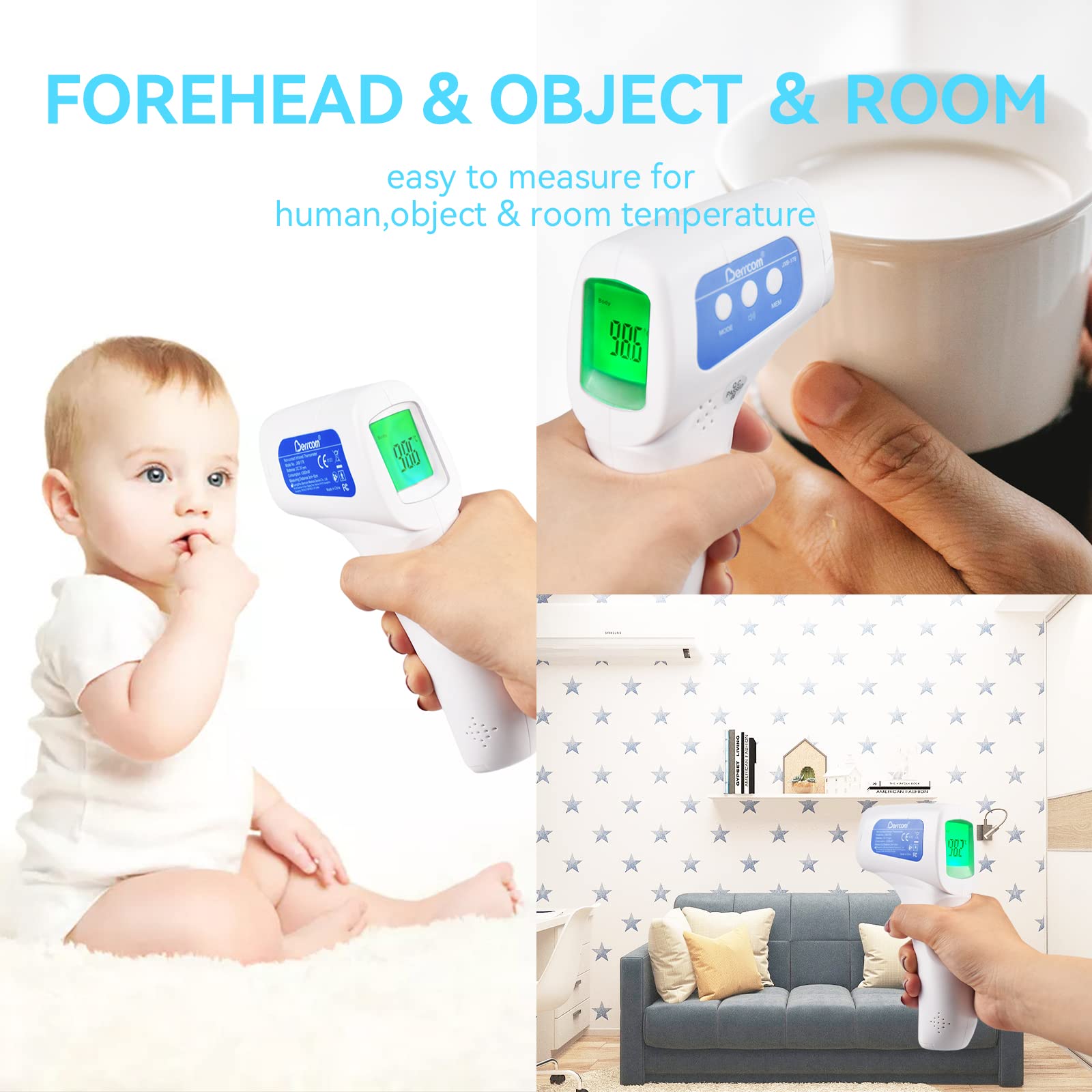 Berrcom Digital Non Contact Infrared Forehead Thermometer Contactless Thermometer 3 in 1 for Kids Infant Adult Fever Check Thermometer Temperature Gun for Baby