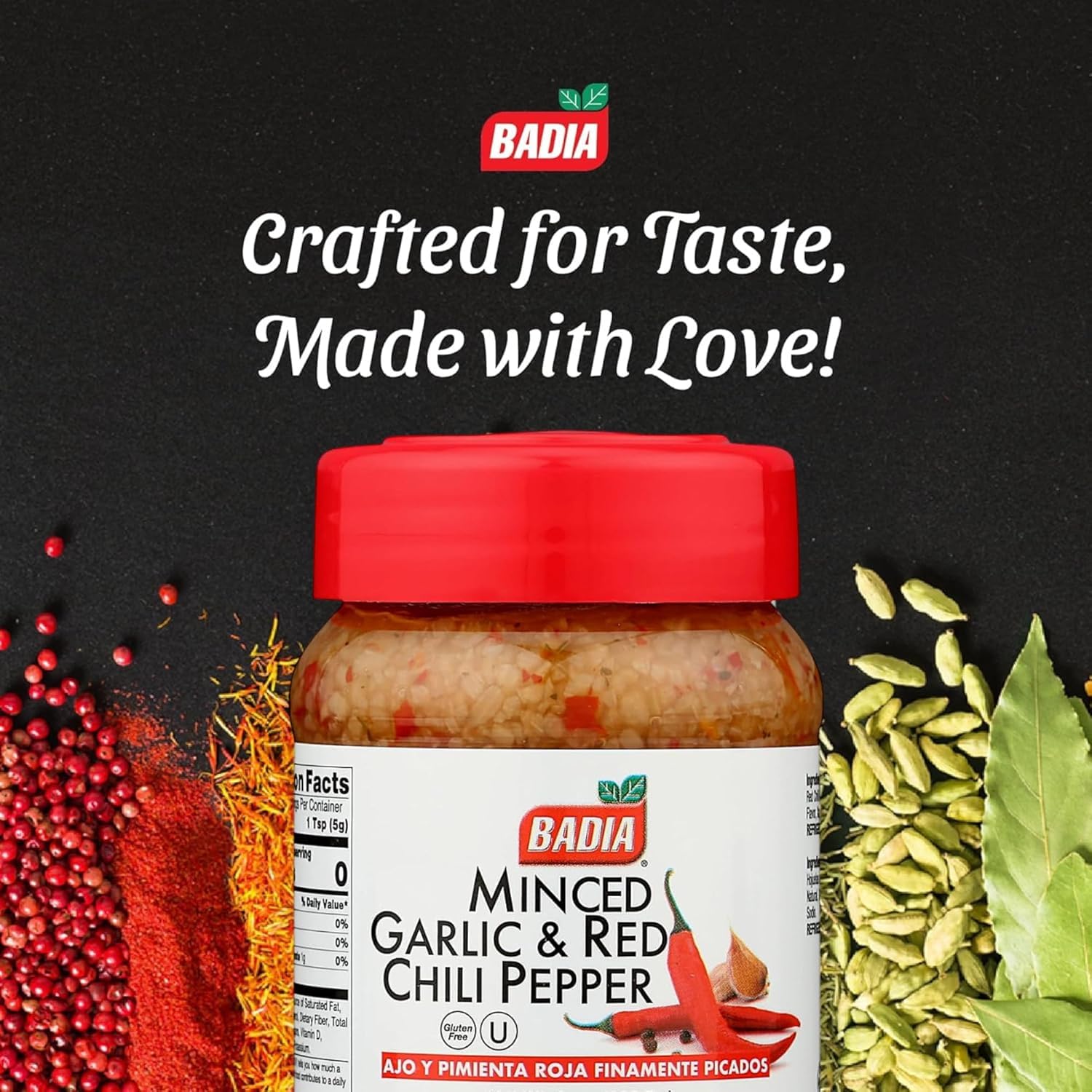 Badia Minced Garlic & Red Chili Pepper 8 oz – Spicy Savory Blend with Garlic and Crushed Red Pepper Flakes