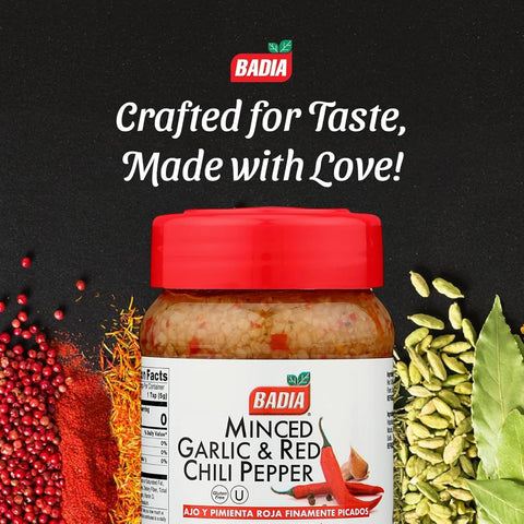 Badia Minced Garlic & Red Chili Pepper 8 oz – Spicy Savory Blend with Garlic and Crushed Red Pepper Flakes