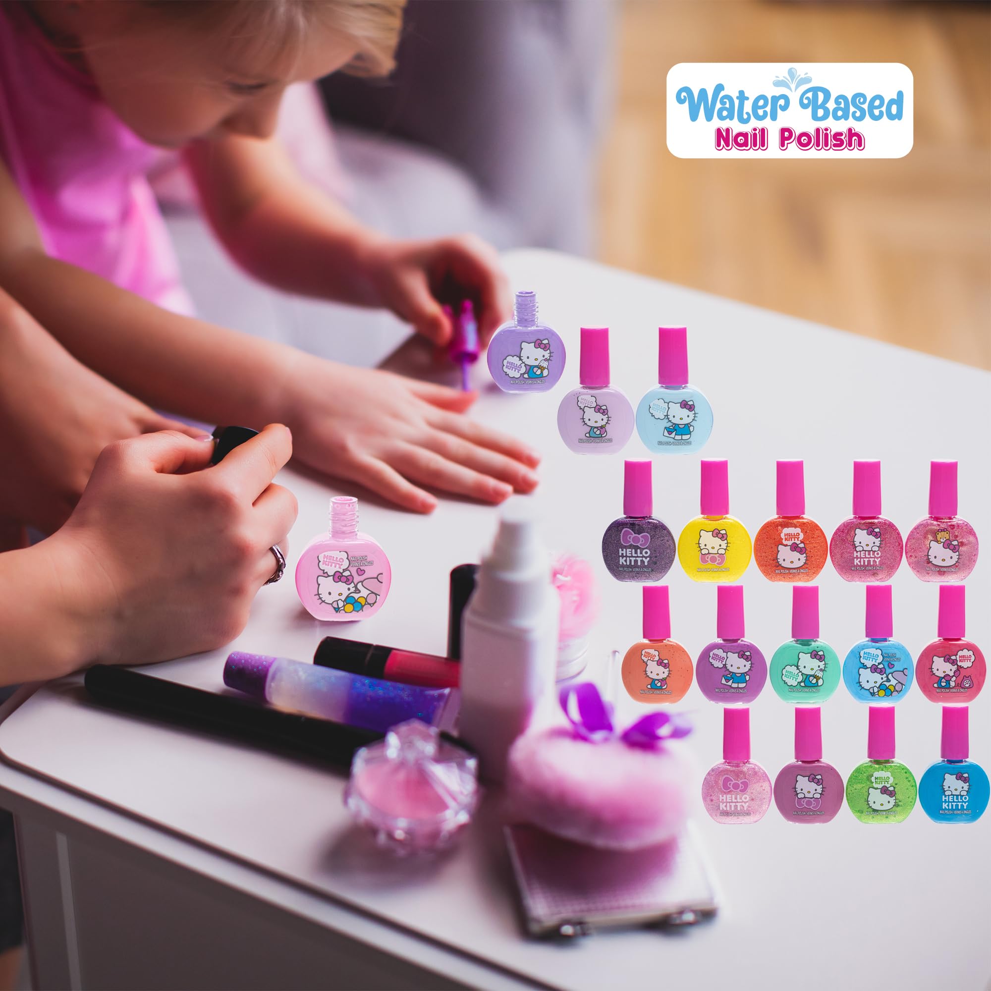 Hello Kitty Non-Toxic Water-Based Peel-Off Nail Polish Set with Glittery, Shimmery & Opaque Colors for Girl Kids Ages 3+, Perfect for Parties, Sleepovers & Makeovers, 18 Pcs
