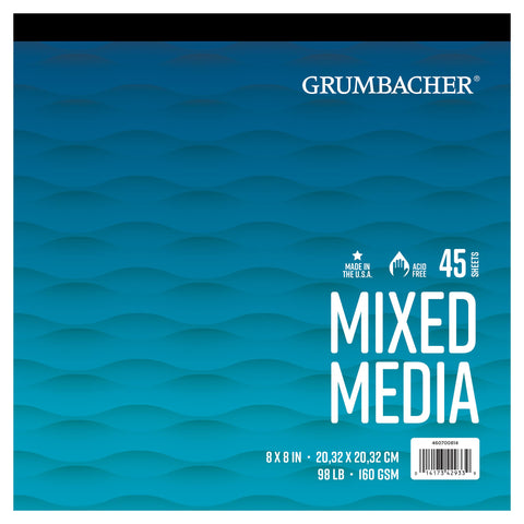 Grumbacher 8" x 8" Mixed Media Paper Pad, 98 lb. / 160 GSM, Tape-Bound, 45 Sheets/Pad, 1 Each