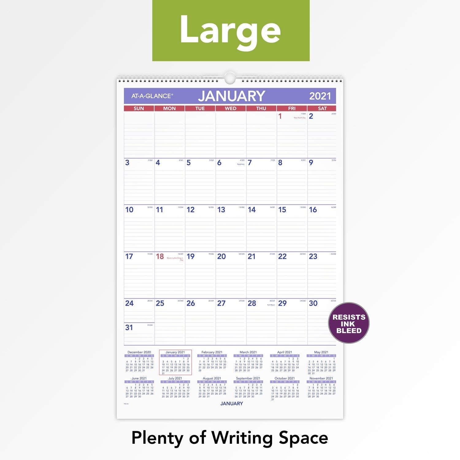 2021 Wall Calendar by AT-A-GLANCE, 15-1/2" x 22-3/4", Large, Monthly, Wirebound (PM32821)