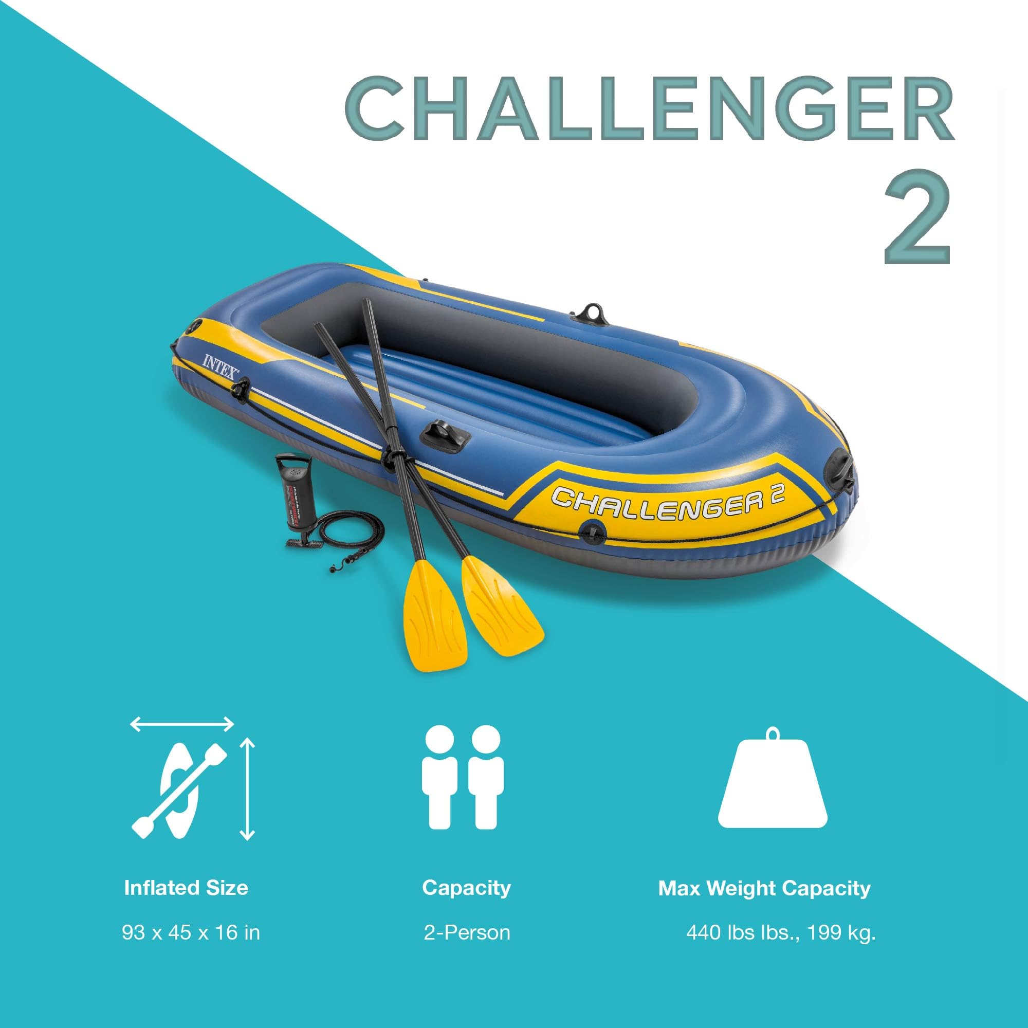 INTEX 68367EP Challenger 2 Inflatable Boat Set: Includes Deluxe 48in Boat Oars and High-Output Pump – Triple Air Chambers – Welded Oar Locks – 2-Person – 440lb Weight Capacity