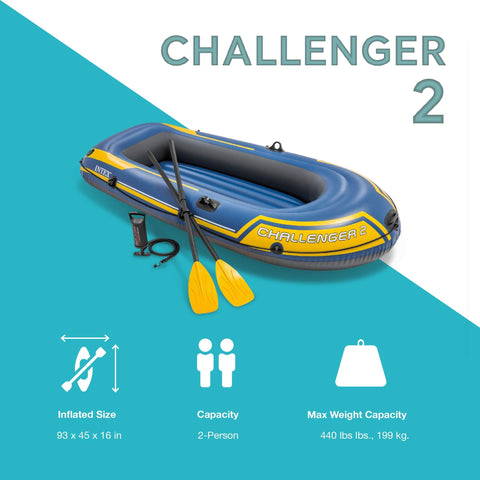 INTEX 68367EP Challenger 2 Inflatable Boat Set: Includes Deluxe 48in Boat Oars and High-Output Pump – Triple Air Chambers – Welded Oar Locks – 2-Person – 440lb Weight Capacity