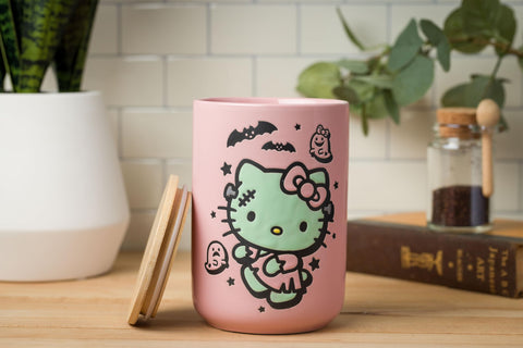 Silver Buffalo Sanrio Hello Kitty Halloween Spooky Frankenstein Frankenkitty Ceramic Cookie Snack Candy Jar with Airtight Bamboo Lid (Small)