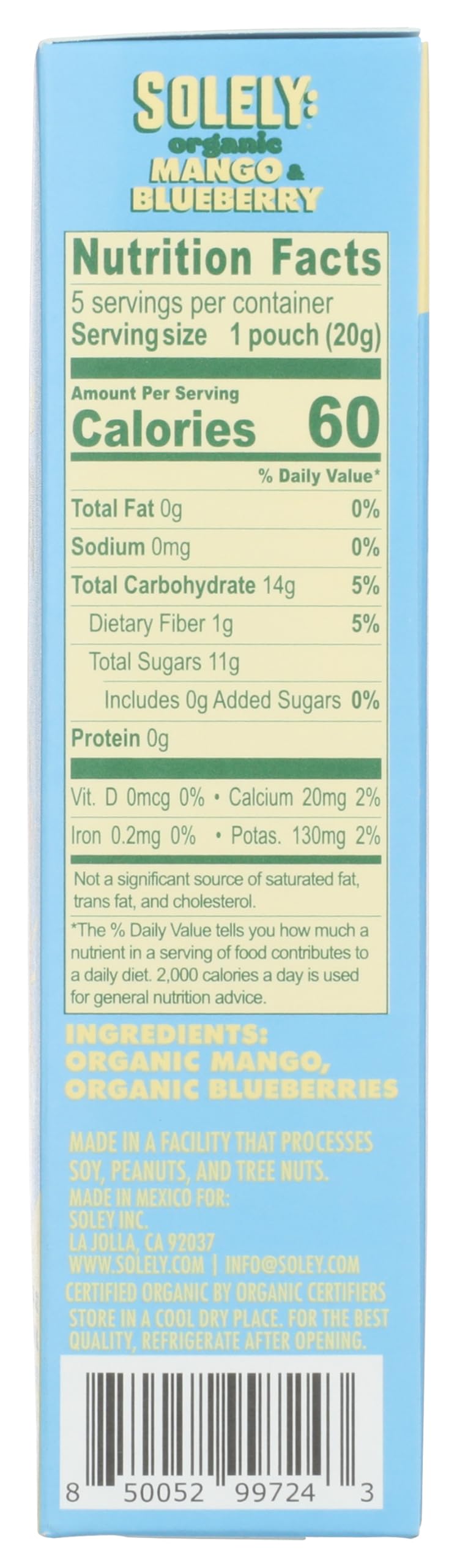 SOLELY - Organic Mango & Blueberry Whole Fruit Gummies (5 Bags per Box, 8 boxes) - Real Fresh Fruit - Healthy Snacks for Adults & Kids - Non-GMO, Vegan Snacks, Shelf Stable - 40 Bags (3.5 oz)