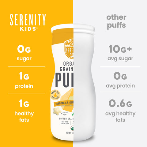 Serenity Kids 6+ Months Grain-Free Baby Puffs - Melt-in-Mouth Toddler Snacks, Easy-Grip Infant Snacks, Real Veggie & Olive Oil Organic Baby Food, 1.5 Oz, Pack of 1, White Cheddar & Cauliflower Spinach
