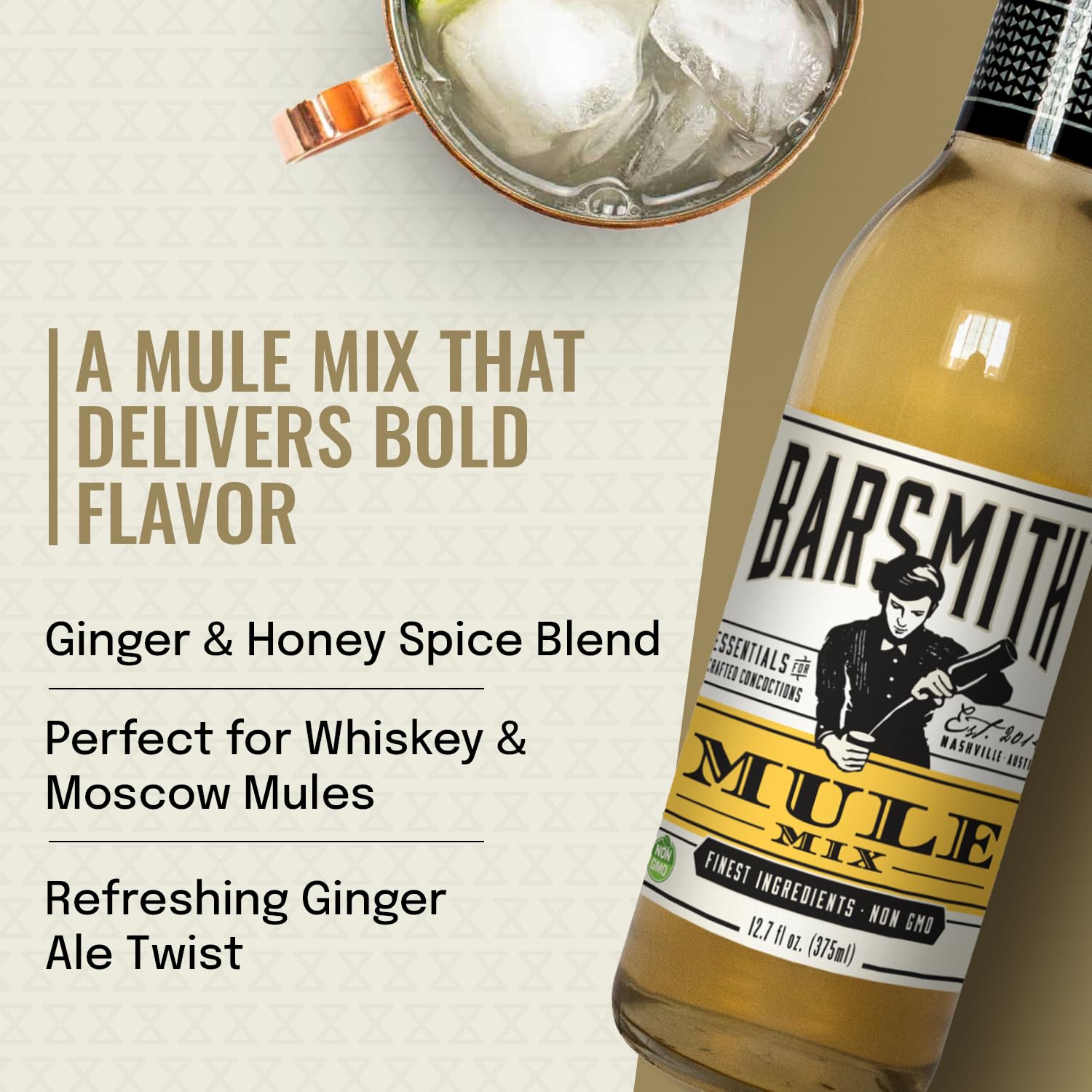 Barsmith Bar Essentials Moscow Mule Honey-Ginger Mix - Refreshing & Uplifting Mixer with No Artificial Flavors or Colors - Cocktail Mix with blend of bite and sweetness - 12.7 oz Bottle (Pack of 1)
