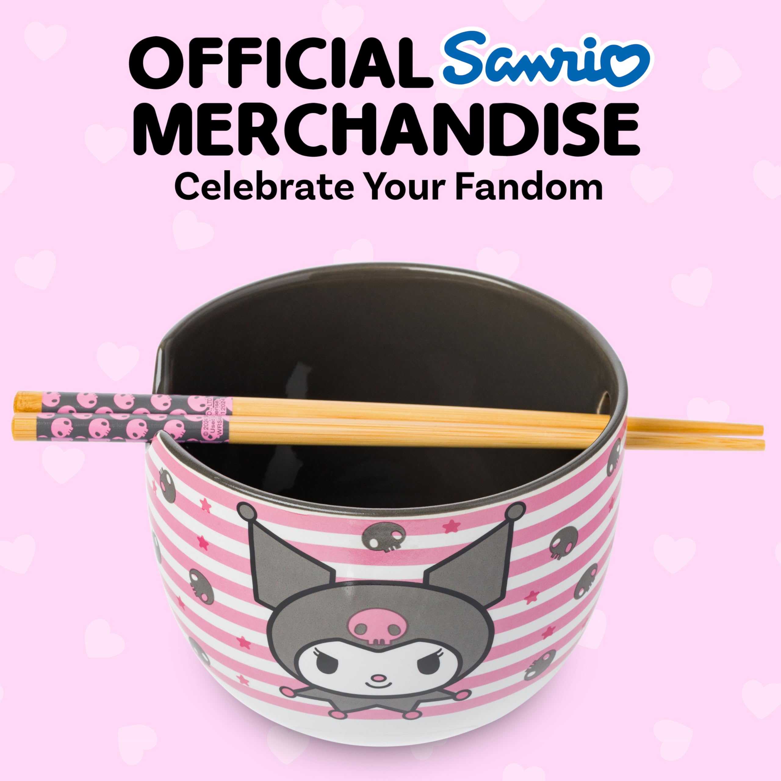 Silver Buffalo Hello Kitty and Friends Kuromi Skulls and Stars Ceramic Ramen Noodle Rice Bowl with Chopsticks, Microwave Safe, 20 Ounces