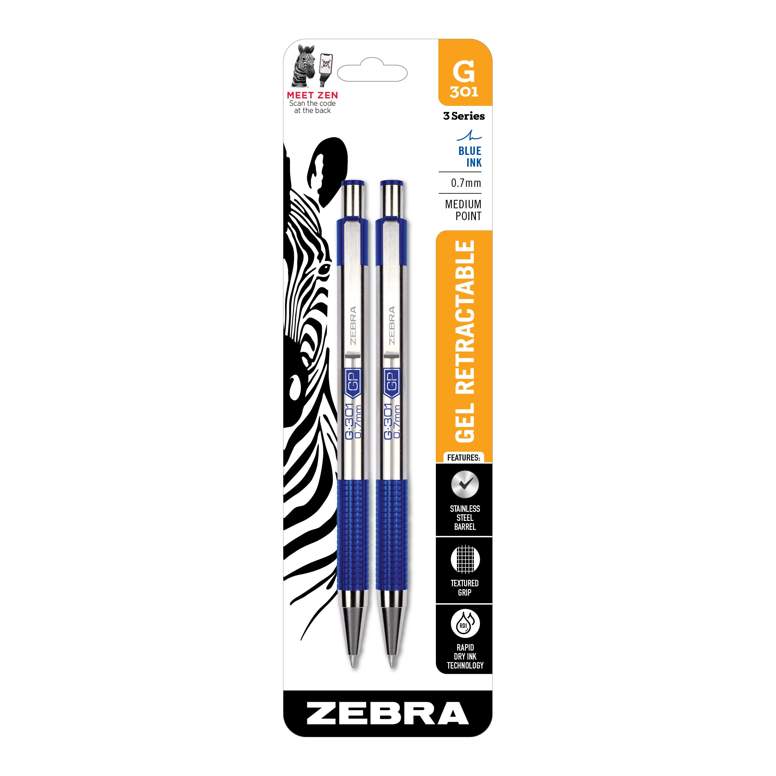 Zebra Pen G-301 Retractable Gel Pen, 0.7mm Medium Point, Stainless Steel Barrel, Textured Grip, Easy Glide Ink Provides a Smooth and Skipless Writing Experience, Blue Ink, 2-Pack (41322)