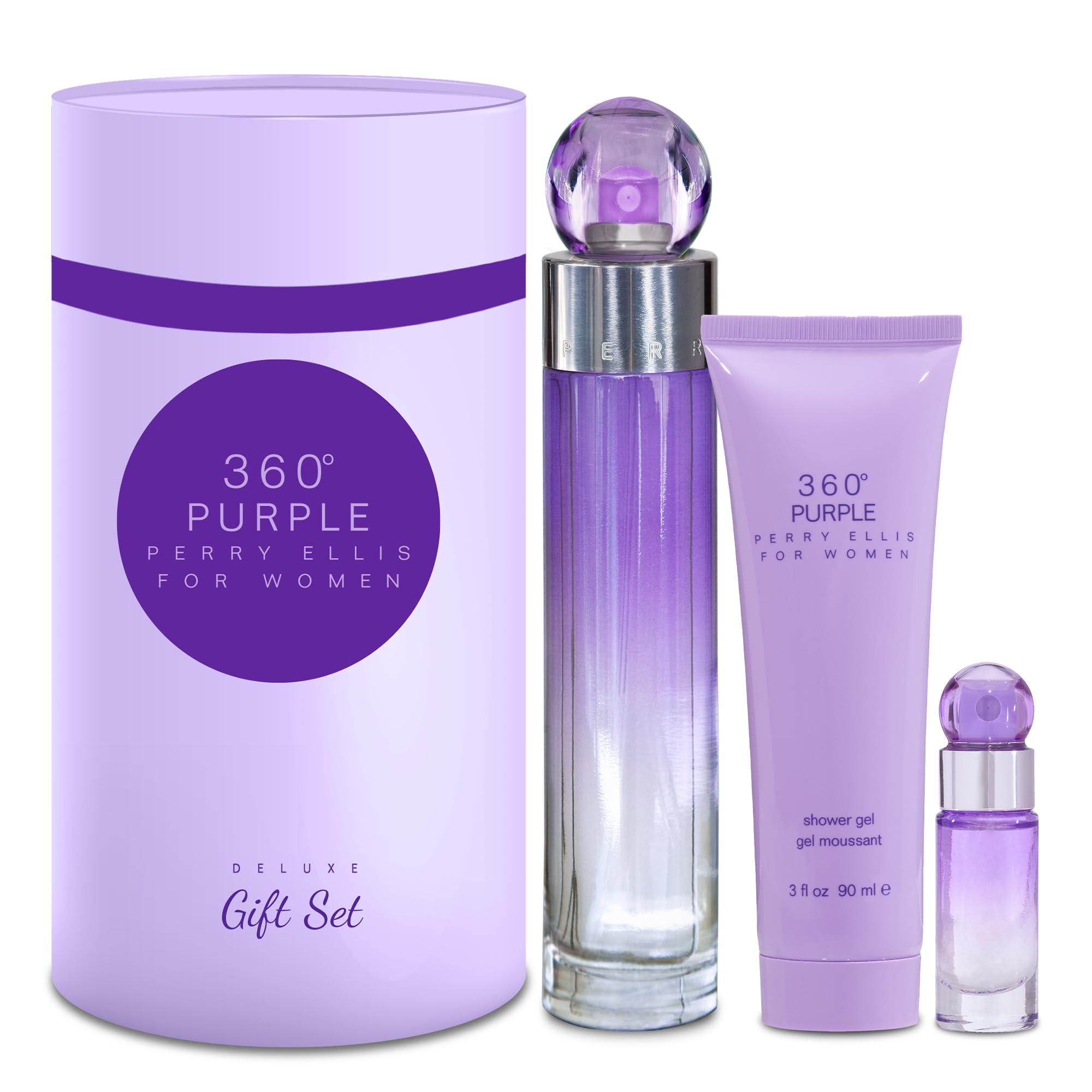 Perry Ellis 360° Purple Gift Set - Perfume Gift Sets for Women, EDT, Luxury Women's Self Care Kit with Mini Fragrance for Travel - 3.4 fl oz Eau De Parfum, 3 oz shower gel, .25 fl oz Travel Spray