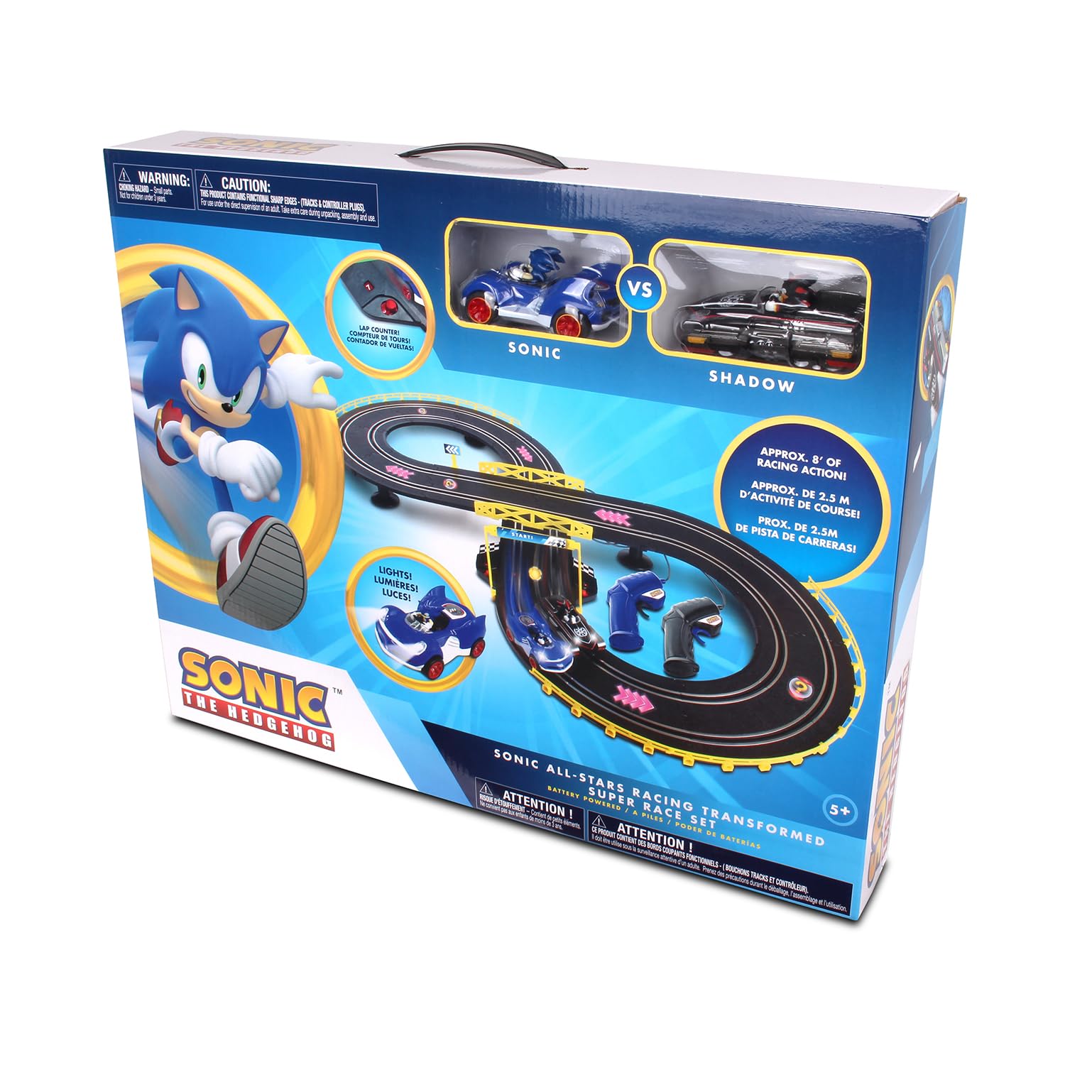 NKOK Sonic and Shadow Race Track Set with Working Lights, Lap Counter, Figure-8 Slot Car Track, Brown Box Packaging