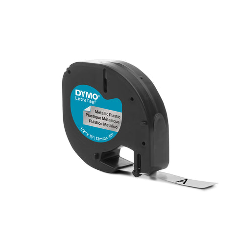 DYMO LetraTag Labeling Tape for LetraTag Label Makers, Black print on Metallic Silver tape, 1/2'' W x 13' L
