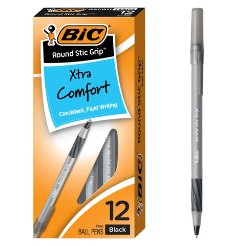 BIC Round Stic Grip Xtra-Comfort Ballpoint Pens, Medium Point, 1.2 mm, Gray Barrel, Black Ink, Pack Of 12 Pens