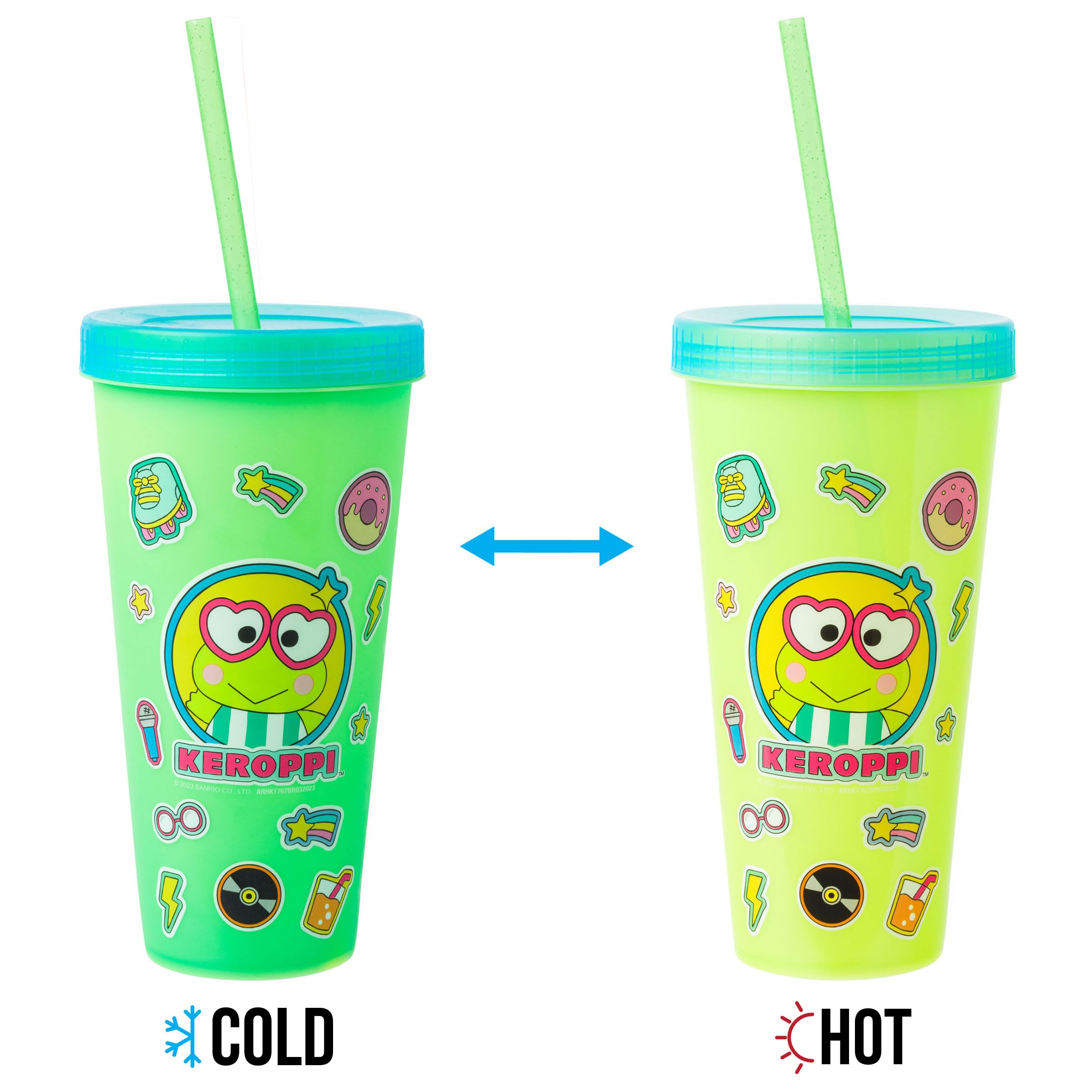 Silver Buffalo Sanrio Hello Kitty and Friends Sticker Design Featuring Kuromi, Keroppi, My Melody, and Hello Kitty 4 Pack Color Changing Plastic Tumbler Set with Glitter Straw, 24 Ounces