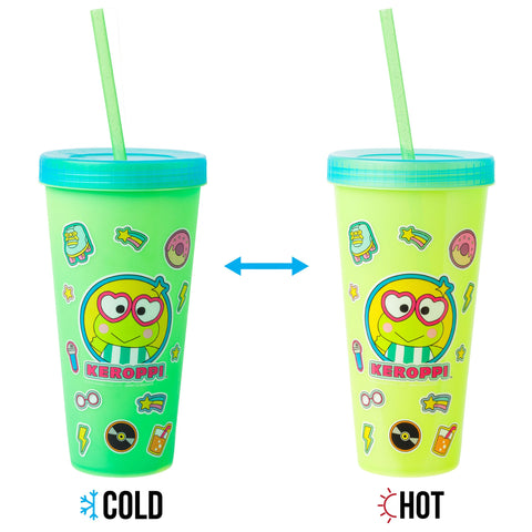 Silver Buffalo Sanrio Hello Kitty and Friends Sticker Design Featuring Kuromi, Keroppi, My Melody, and Hello Kitty 4 Pack Color Changing Plastic Tumbler Set with Glitter Straw, 24 Ounces