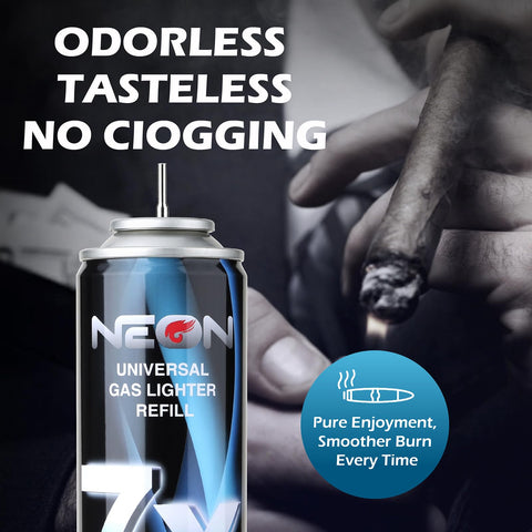 NEON Butane Refill, 300ml 7X Filtered Premium Butane Fuel, 12 Cans Pure Refined Lighter Fluid with 0 Impurities & 5 Butane Gas Adapters for Refillable Lighters, Butane Torches, Kitchen Blow Torch