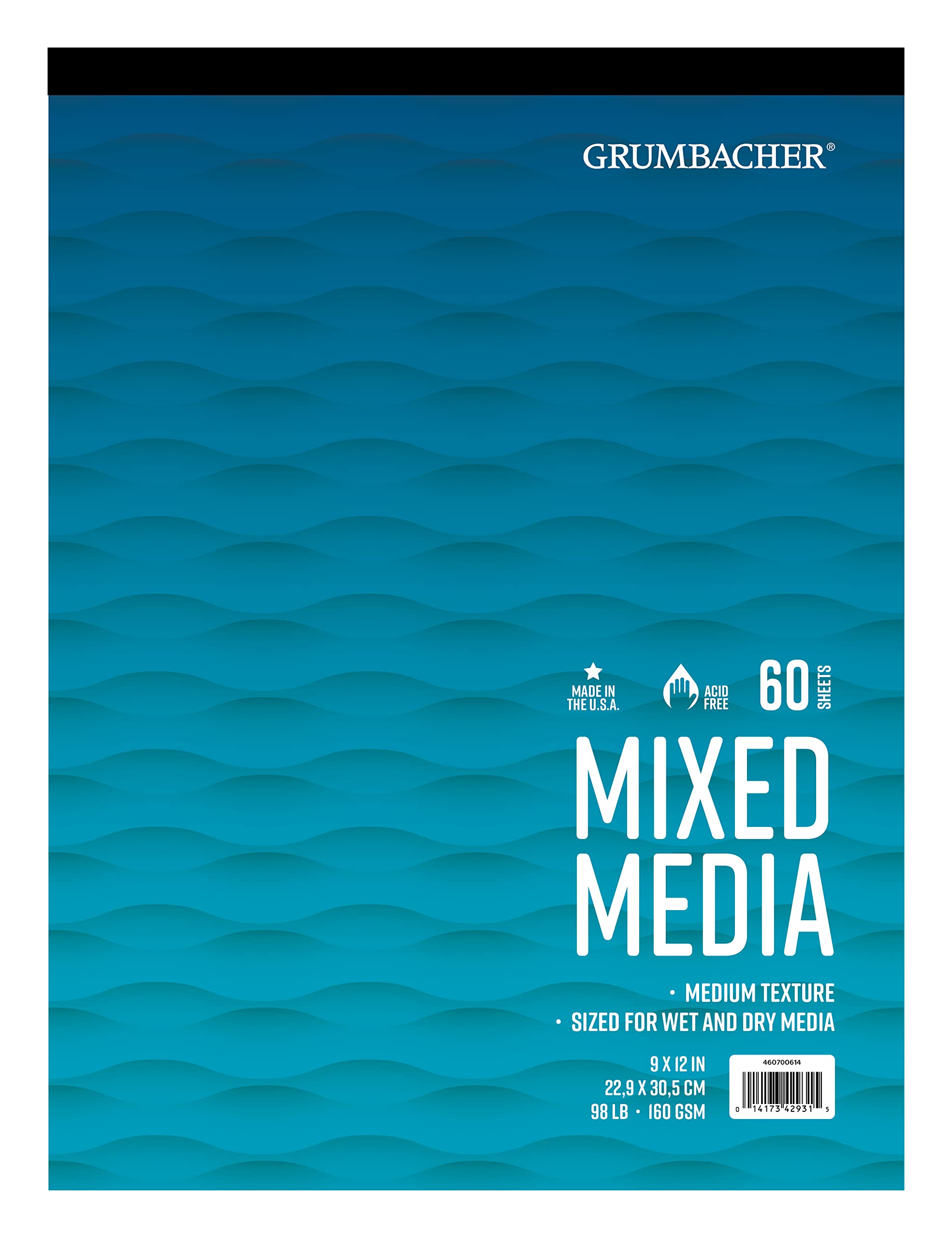 Grumbacher 9" x 12" Mixed Media Paper Pad, 98 lb. / 160 GSM, Tape-Bound, 60 Sheets/Pad, 1 Each