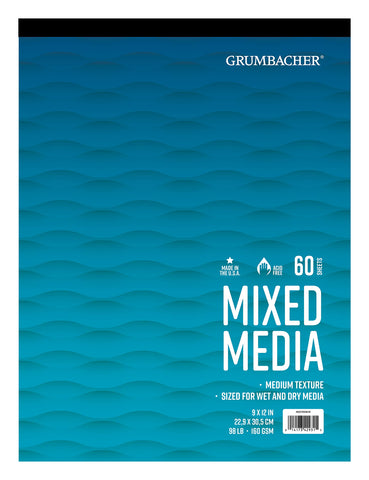 Grumbacher 9" x 12" Mixed Media Paper Pad, 98 lb. / 160 GSM, Tape-Bound, 60 Sheets/Pad, 1 Each