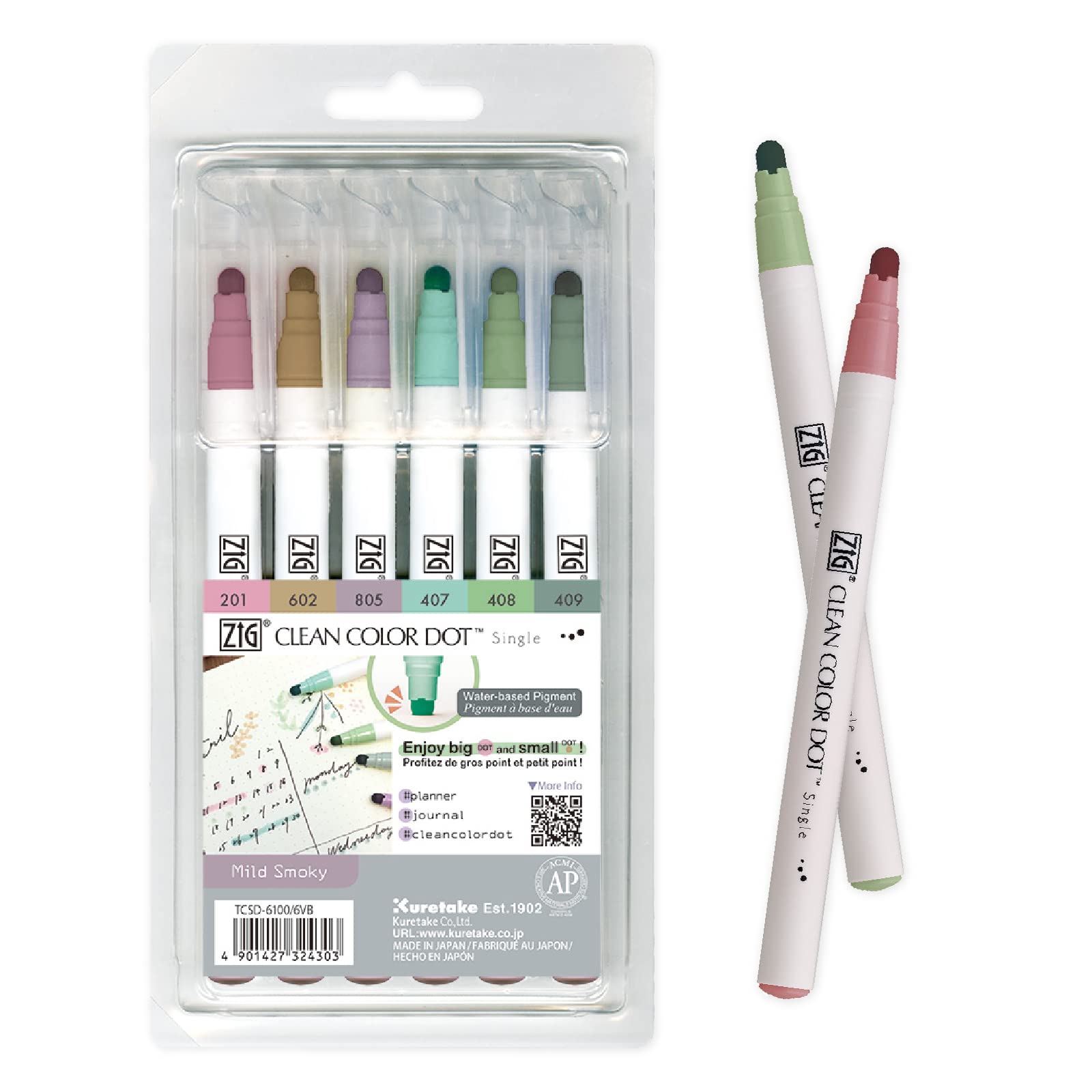 Kuretake CLEAN COLOR DOT Single Mild Smoky 6 colors set, Flexible dot tip marker, for Journals, Crafts, Illustration, Lettering, Planners, for Adult, Kids, Made in Japan