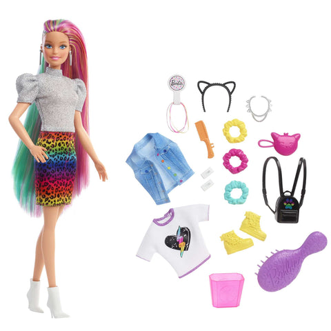 Barbie Doll Leopard Rainbow Hair with Color-Change Highlights & 16 Styling Accessories Including Clothes, Scrunchies, Brush & More