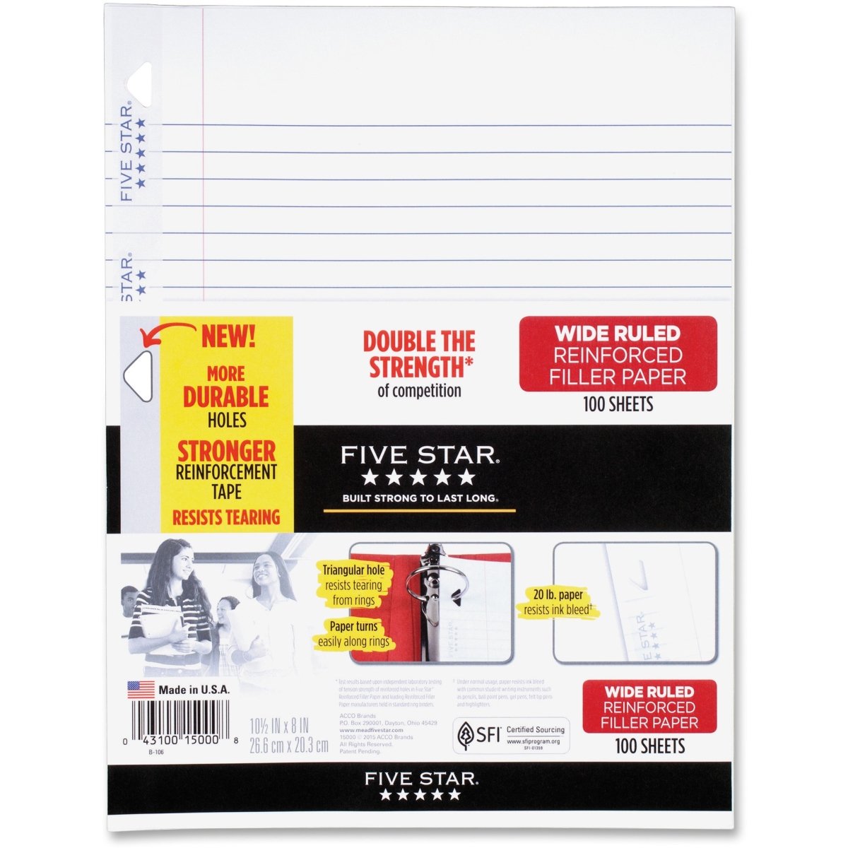 Five Star Loose Leaf Paper, Notebook Paper, Wide Ruled Filler Paper, Reinforced, 8 x 10.5, 100 Sheets (15000)
