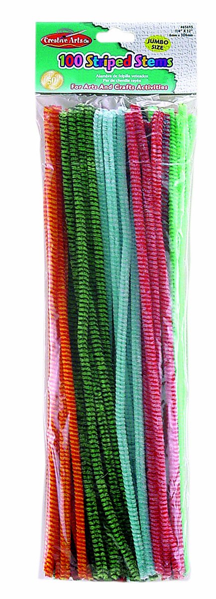 Creative Arts by Charles Leonard Chenille Stems with Stripes, 6 MM x 12 Inch, Assorted Colors, 100/Bag (65695)