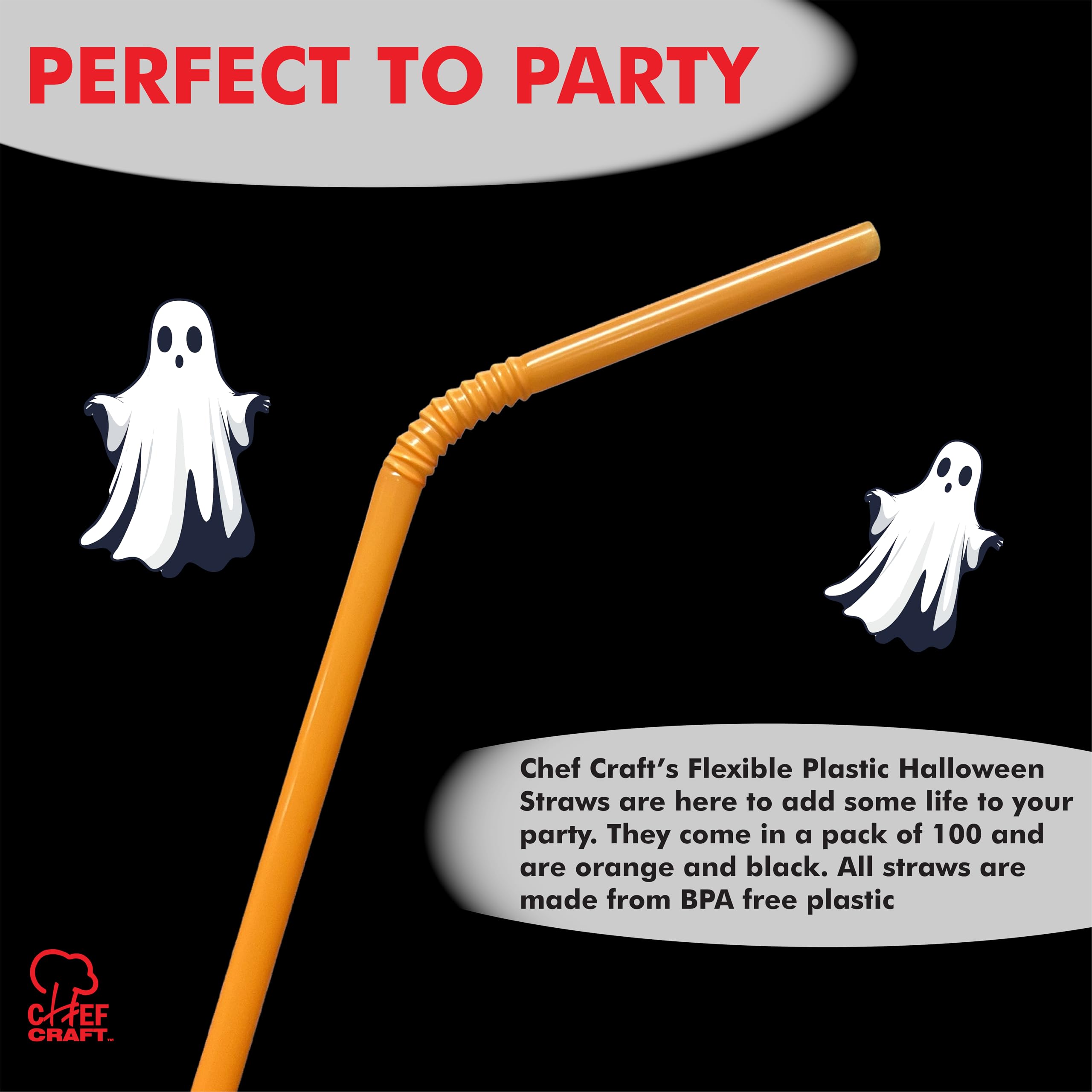 Chef Craft Select Plastic Flexible Halloween Straws, 8 Inch 100 Piece Set, Black/Orange