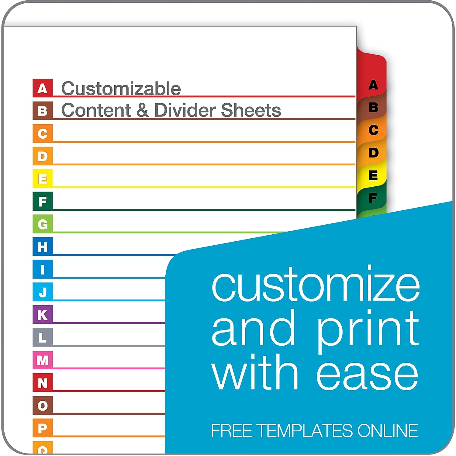 Cardinal OneStep Binder Dividers, A–Z Tab Dividers for 3 Ring Binders, Customizable Table of Contents, Reversible Multicolor Tabs, Lettered, 1 Set (60218)