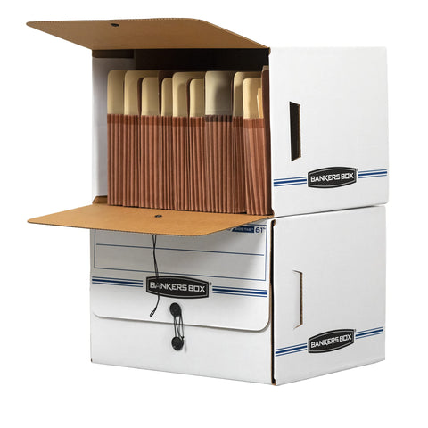 Bankers Box ox 12 Pack SIDE-TAB DROP FRONT Basic-Duty File Storage Boxes, Standard Setup, String and Button, Letter, White/Blue
