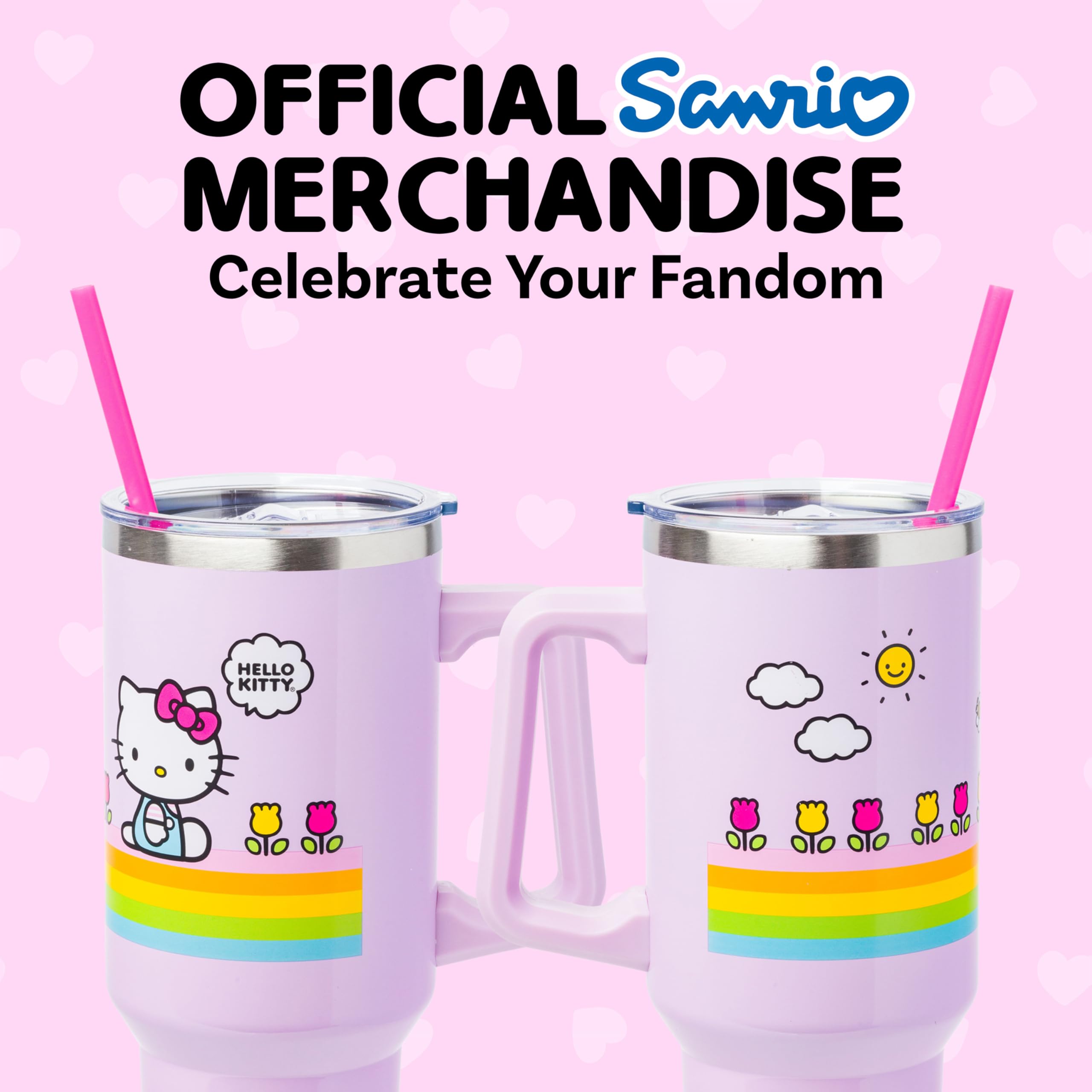 Silver Buffalo Sanrio Hello Kitty Spring and Summer Flowers Rainbow Stripes Double Walled Stainless Steel Tumbler with Handle and Straw, Fits in Standard Cup Holder, 40 Ounces