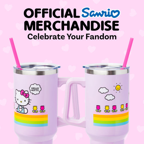 Silver Buffalo Sanrio Hello Kitty Spring and Summer Flowers Rainbow Stripes Double Walled Stainless Steel Tumbler with Handle and Straw, Fits in Standard Cup Holder, 40 Ounces