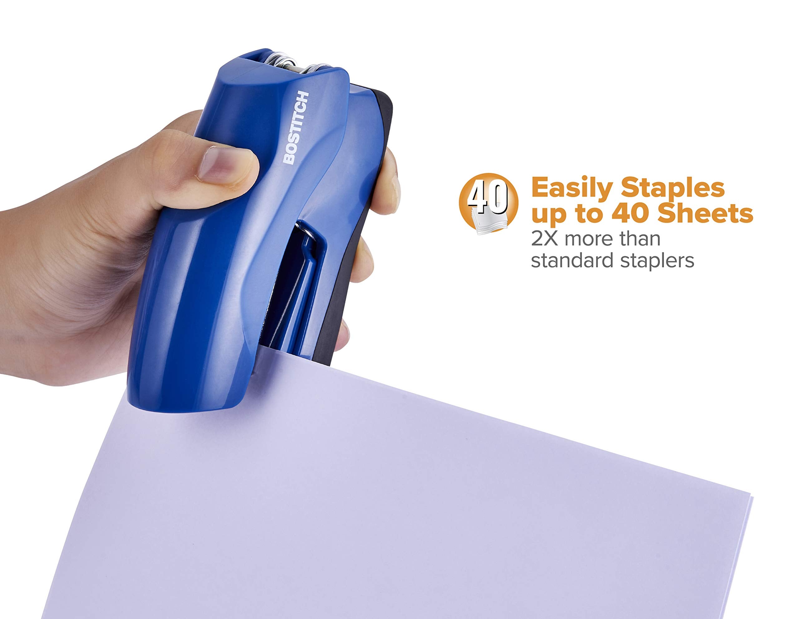 Bostitch Office Heavy Duty Stapler, 40 Sheet Capacity, No Jam, Half Strip, Fits into the Palm of Your Hand, For Classroom, Office or Desk, Navy Blue