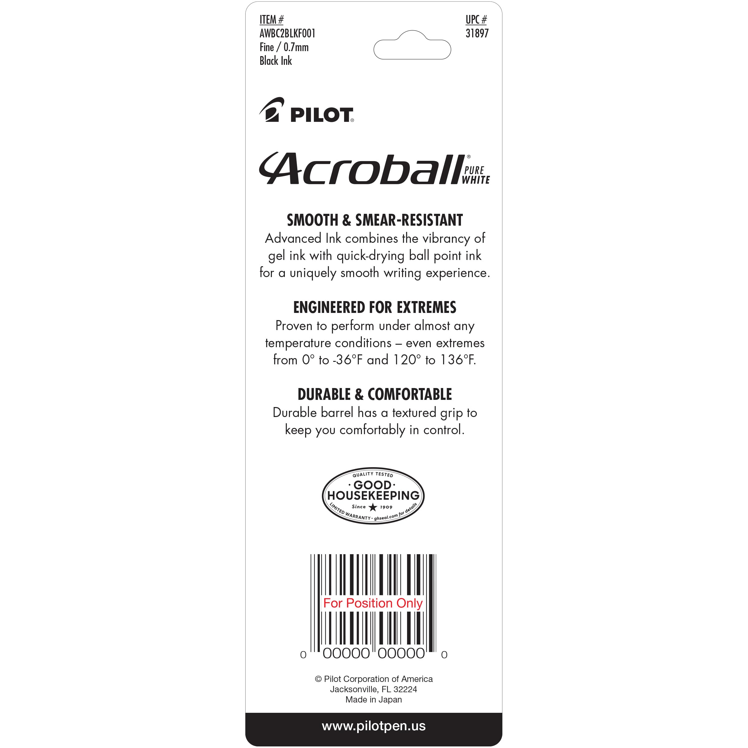 PILOT Acroball PureWhite Advanced Ink Refillable & Retractable Ball Point Pens with Silver Accents, Fine Point, Black Ink