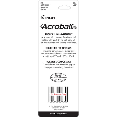 PILOT Acroball PureWhite Advanced Ink Refillable & Retractable Ball Point Pens with Silver Accents, Fine Point, Black Ink