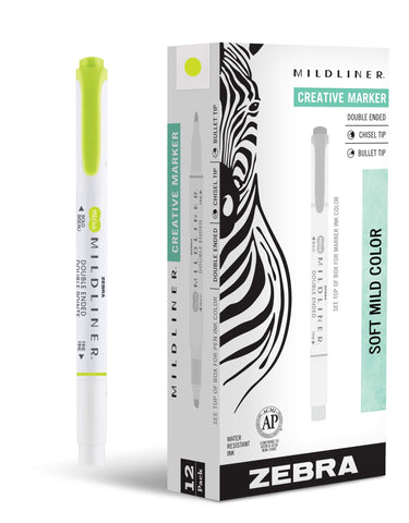 Zebra Pen Mildliner Dual-Tip Highlighters, Broad and Fine Tips, Ideal for Bible Highlighting, No Bleed, School Supplies, Teacher Supplies and Office Supplies, Mild Citrus Green Ink, 12-Pack (78450upc)
