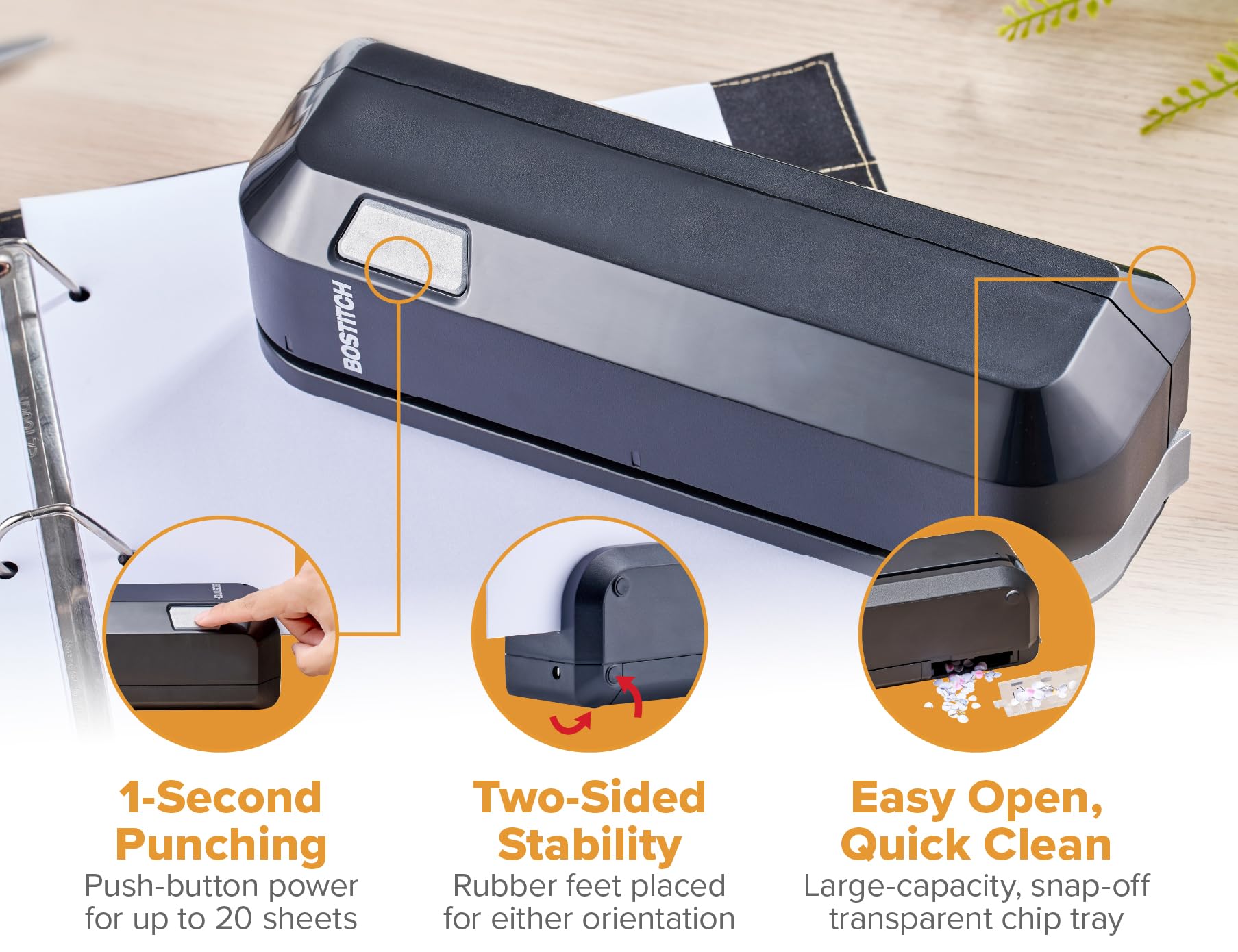 Bostitch Office Electric 3-Hole Punch, Dual Paper Loading, Heavy Duty, Jam-Free 20 Sheet Capacity, AC Adapter or Battery Powered, Space Saving, Black, (EHP20-BLK)