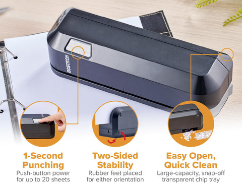 Bostitch Office Electric 3-Hole Punch, Dual Paper Loading, Heavy Duty, Jam-Free 20 Sheet Capacity, AC Adapter or Battery Powered, Space Saving, Black, (EHP20-BLK)