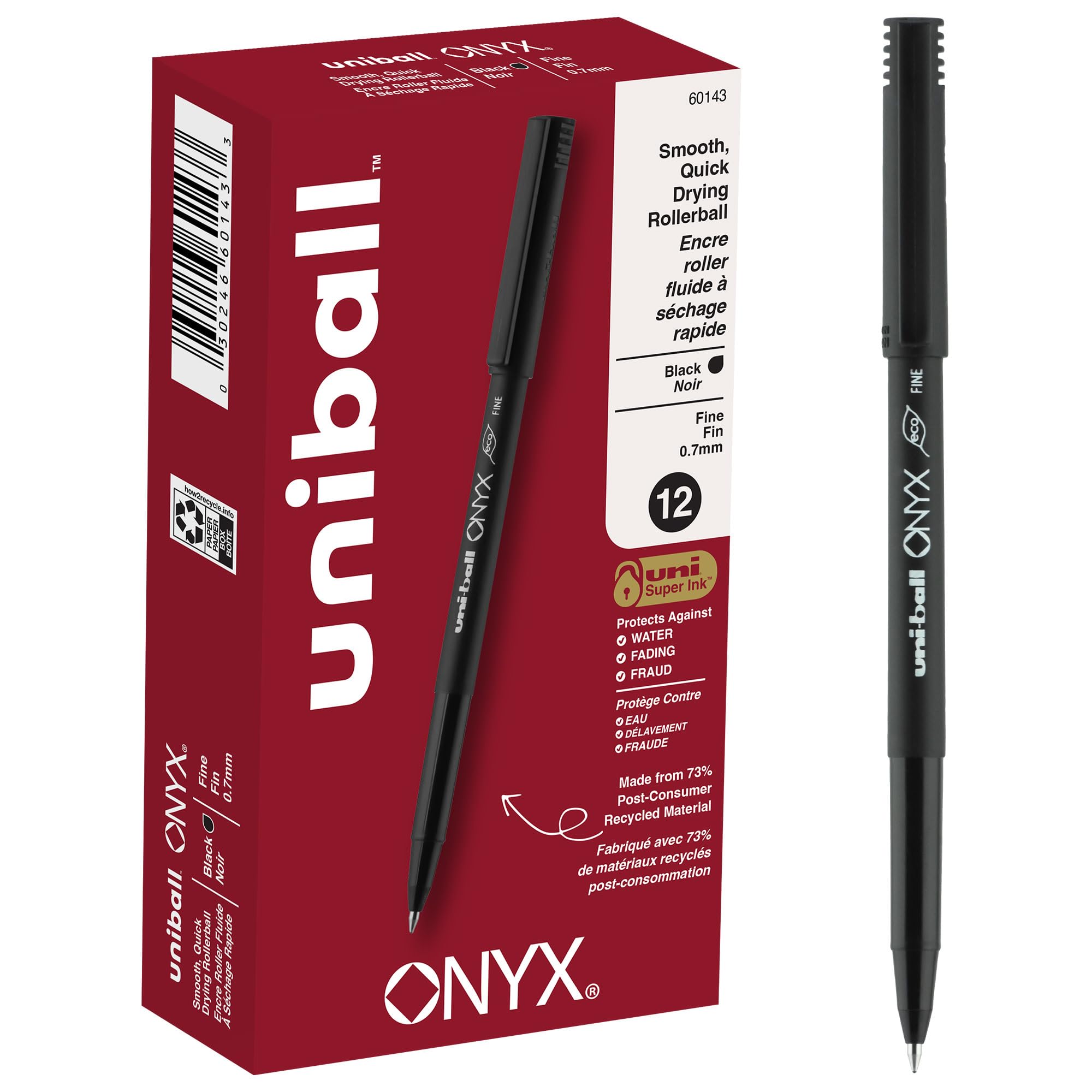 uniball Onyx Rollerball Pens, Fine Point (0.7mm), Black, 12 Pack